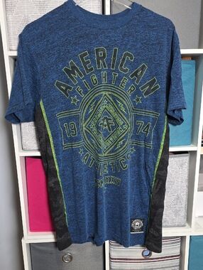 American Fighter Blue Heather Short-Sleeve Athletic Tee with Neon Green Accents